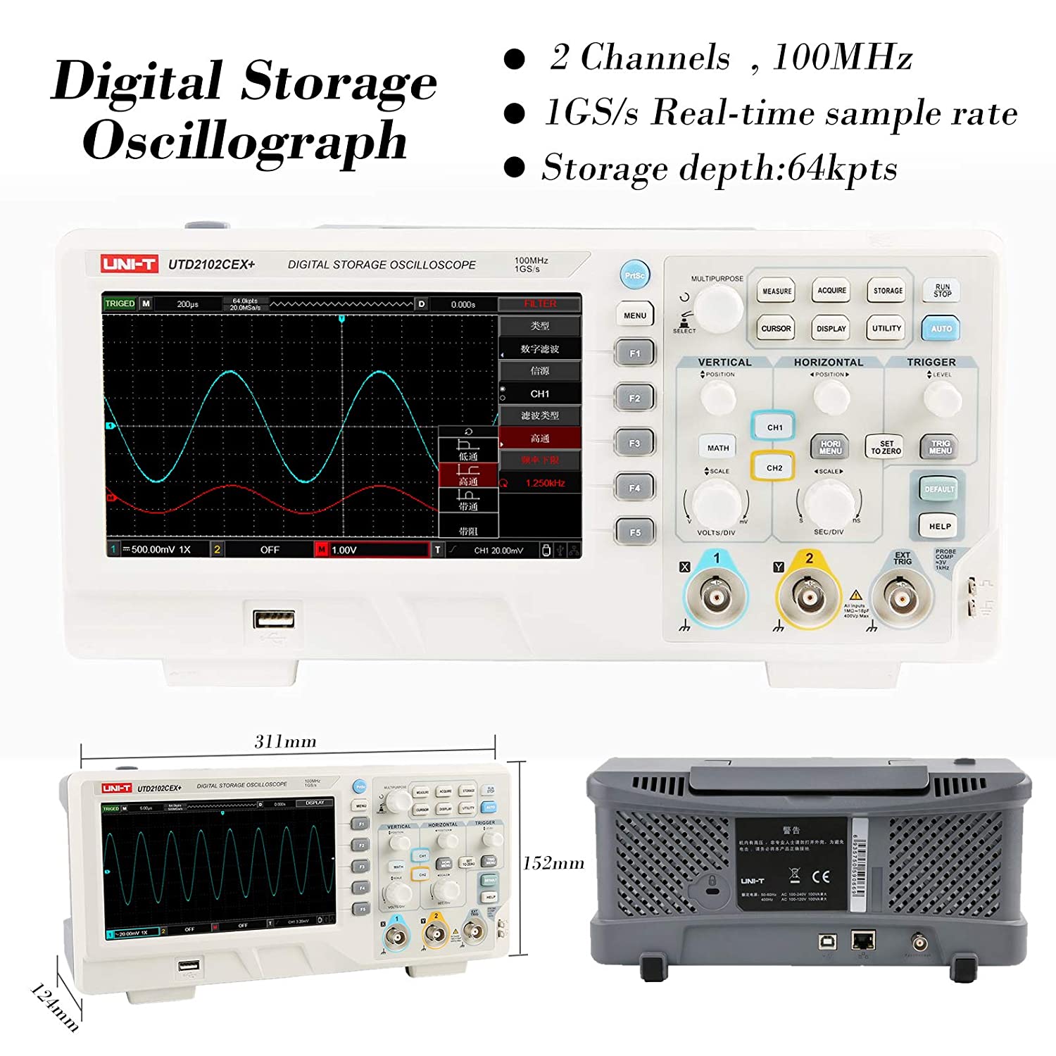 UTD2102CEX+ Высокоточный цифро – обзор и цена Digital Storage Oscilloscope 100Mhz